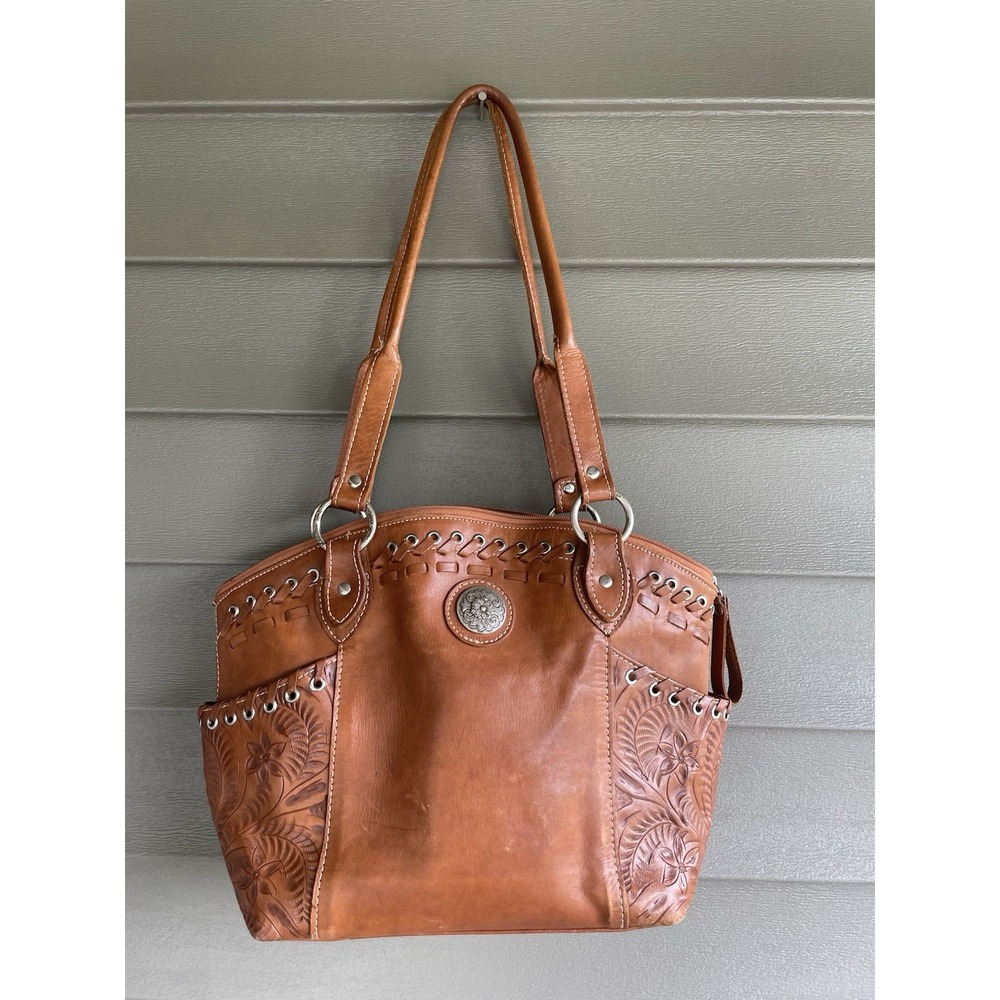American West Embossed Tooled Leather Western Style Brown Tan Handbag Purse Bag - Picture 4 of 16